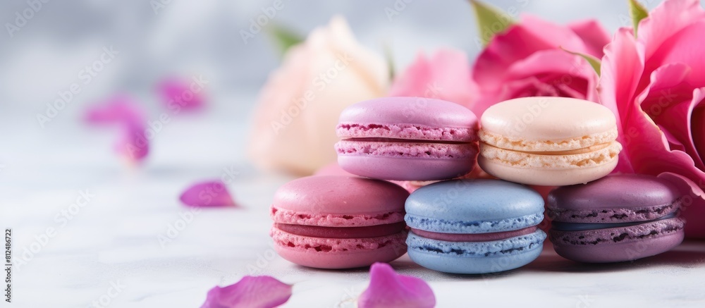 Poster close up of sweet and colorful french macaroons made from rose petals blueberry and vanilla the maca