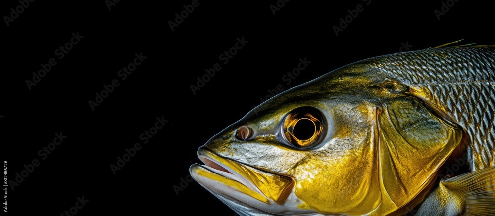 Poster a close up top view of a fresh dorado fish against a black background with ample copy space for cust