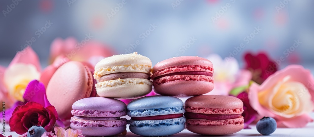 Poster close up of sweet and colorful french macaroons made from rose petals blueberry and vanilla the maca