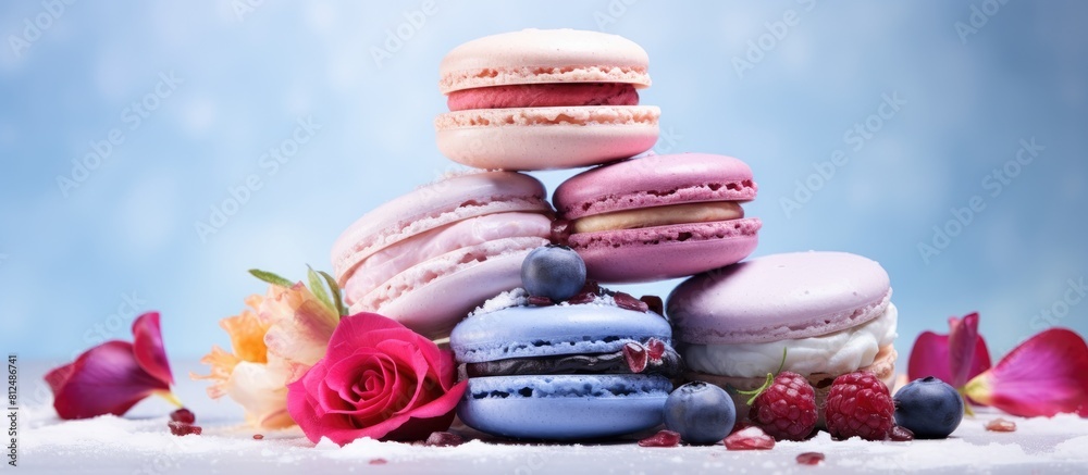 Aufkleber close up of sweet and colorful french macaroons made from rose petals blueberry and vanilla the maca