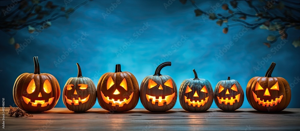 Poster close up of carved pumpkins on a table over a blue background representing the holidays halloween an
