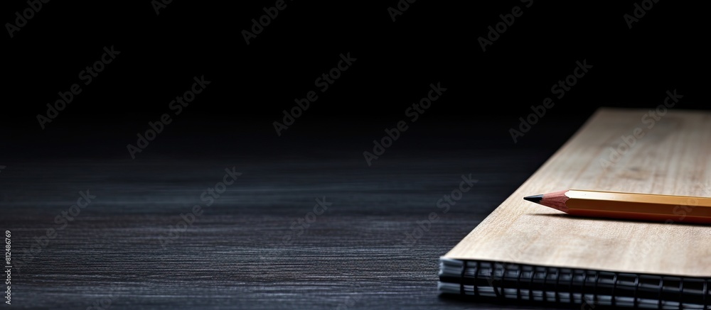 Poster a close up corner of a notebook with a pencil eraser displayed on a black wooden surface the photo c