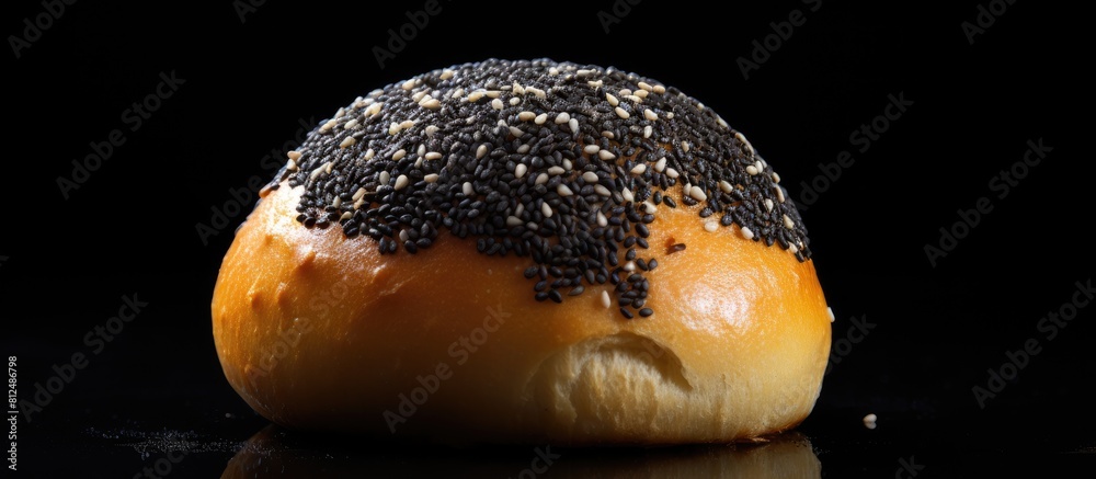 Poster close up of a deliciously baked bun with poppy seeds on a black background perfect for showcasing in