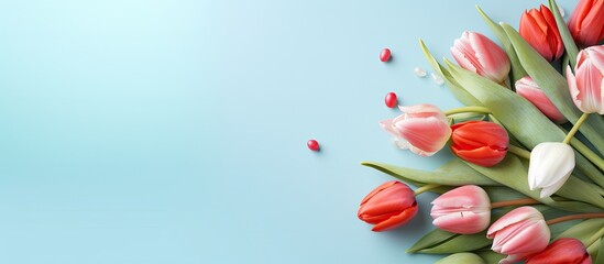 Close up of spring tulips and painted Easter eggs on a light blue background providing ample space for a congratulatory message