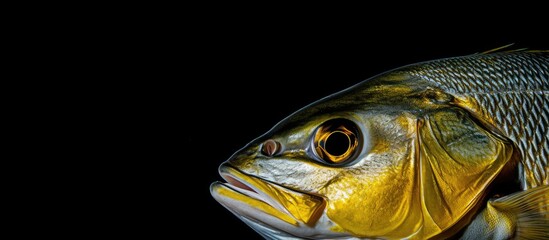 A close up top view of a fresh dorado fish against a black background with ample copy space for customization