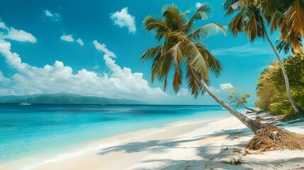 Travel destination, view on sandy beach, sun, sky, white clouds, beautiful landscape, summer holidays, vacation, travel
