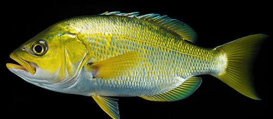A close up top view of a fresh dorado fish against a black background with ample copy space for customization