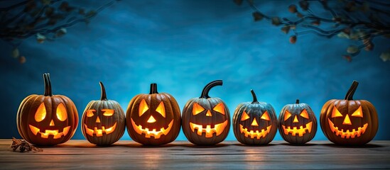 Close up of carved pumpkins on a table over a blue background representing the holidays Halloween and the concept of decoration with copy space image 108 characters