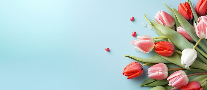 Close up of spring tulips and painted Easter eggs on a light blue background providing ample space for a congratulatory message