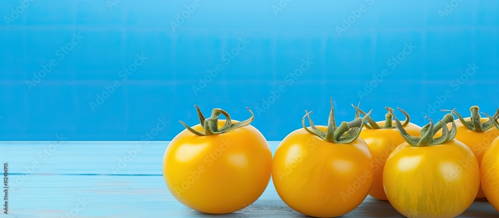 Poster close up of ripe yellow tomatoes on a light blue wooden table with copy space image available for te