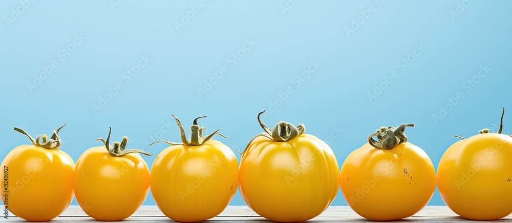 Poster close up of ripe yellow tomatoes on a light blue wooden table with copy space image available for te
