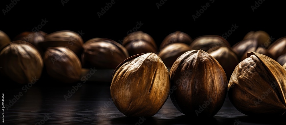 Poster close up copy space image of big metallic nuts against a black background