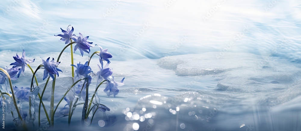 Aufkleber Close up image of bluebells frozen in ice with plenty of empty space around them for copy. Creative banner. Copyspace image