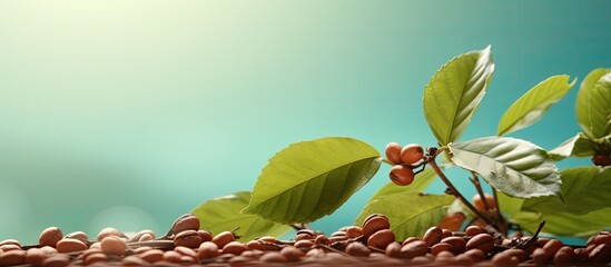 Naklejka premium A close up image of coffee beans with leaves providing ample copy space