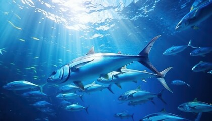 Fototapeta premium Groups of giant Tuna fish in the underwater, coral reef, amazing underwater life, various fish and exotic coral reefs, ocean wild creatures background