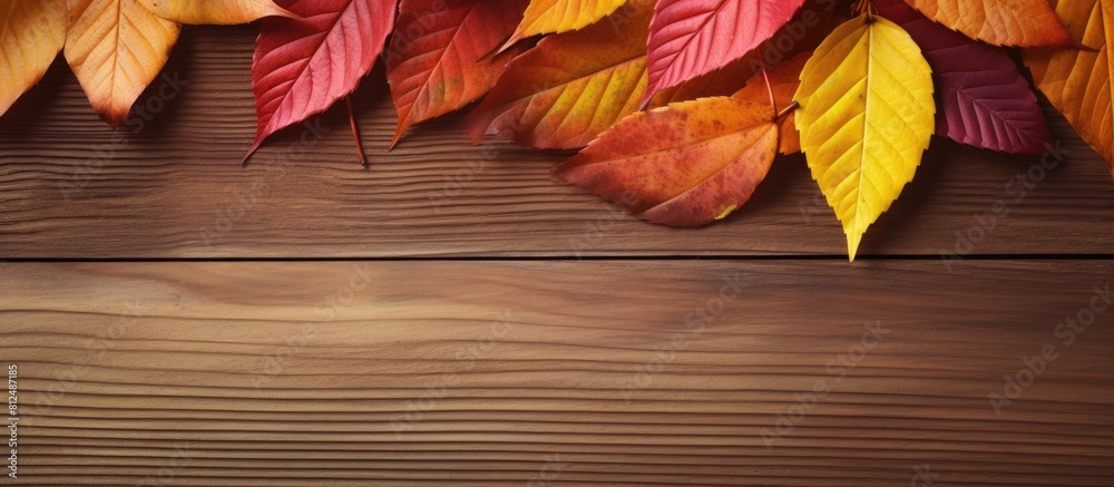 Poster A close up image of colorful autumn leaves in red and yellow hues placed on a brown wooden background with space in the center for text or other creative elements. Creative banner. Copyspace image