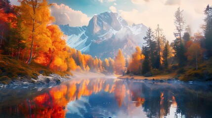 A majestic mountain peak rising above a colorful autumn forest, with a winding river below reflecting the stunning array of fall colors in its shimmering waters