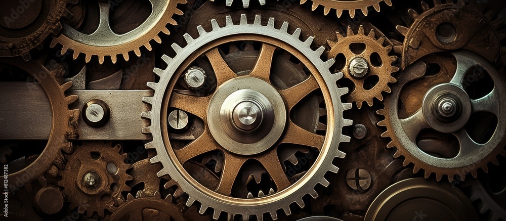 Aufkleber close up of intricate worn gears in an antique mechanism perfect for a copy space image