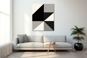 Abstract geometric patterns featuring sharp triangles and smooth circles in a monochrome palette, suitable for modern office wall art