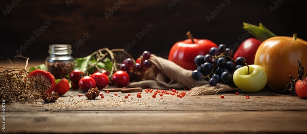 Poster A close up shot of food ingredients on an oak table creating a visually appealing copy space image
