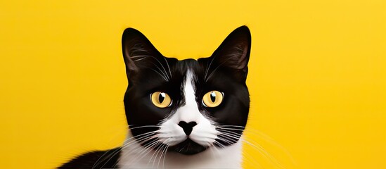 Close up of a tuxedo cat on a colorful background It s an animal and pets concept with a cropped shot that has a yellow copy space image