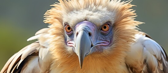 Close up of the head of a griffon vulture showcasing its powerful and distinctive features Copy space image