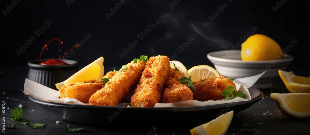 Aufkleber A close up view of fresh fish fingers coated in breadcrumbs served with sauce and a slice of lemon on a grey table providing ample copy space for the image