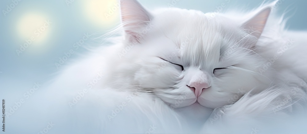 Poster A white cat with its eyes closed is featured in a copy space image surrounded by a soft white vignette