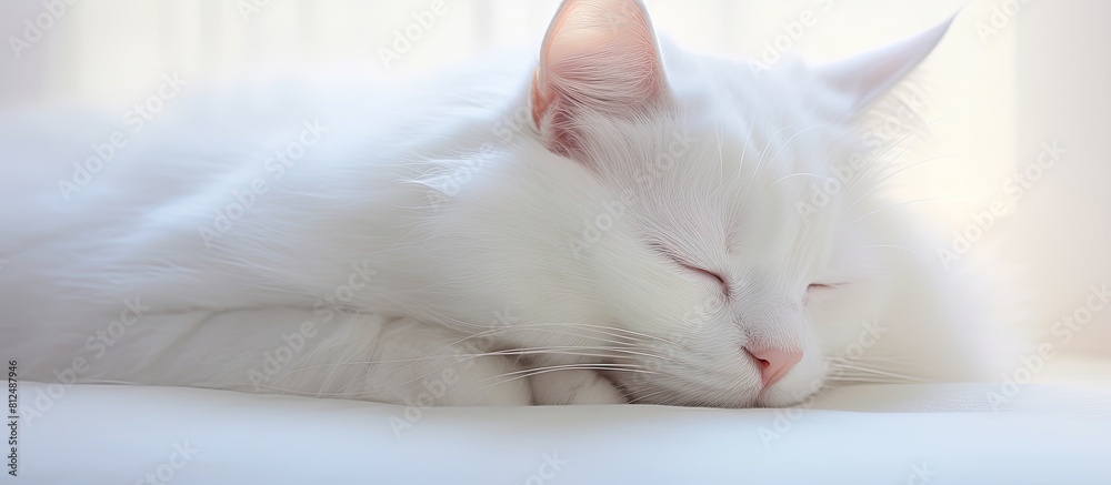 Poster A white cat with its eyes closed is featured in a copy space image surrounded by a soft white vignette