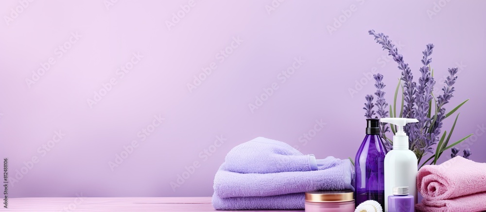 Poster lilac background with a collection of bath supplies and cosmetic products creating a copy space imag