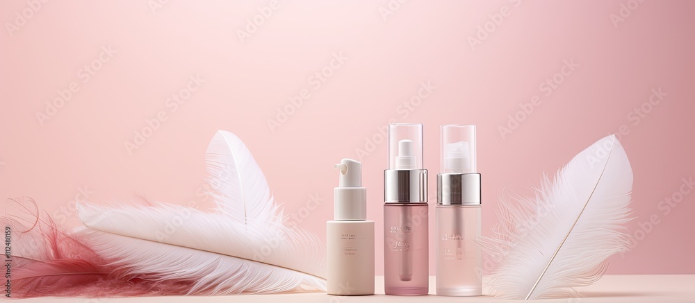 Poster A collection of spa skincare serums is displayed on a pink pastel backdrop along with a cream jar and ostrich feathers The top view provides a branding mock up with ample space for adding text or ima