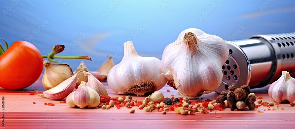 Aufkleber colorful background with a garlic press and spices providing ample copy space for images