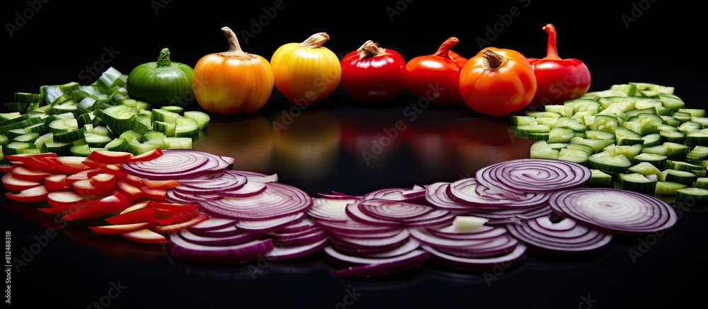 Aufkleber A colorful array of onion and pepper slices arranged harmoniously on a sleek black stone surface creating an eye catching copy space image