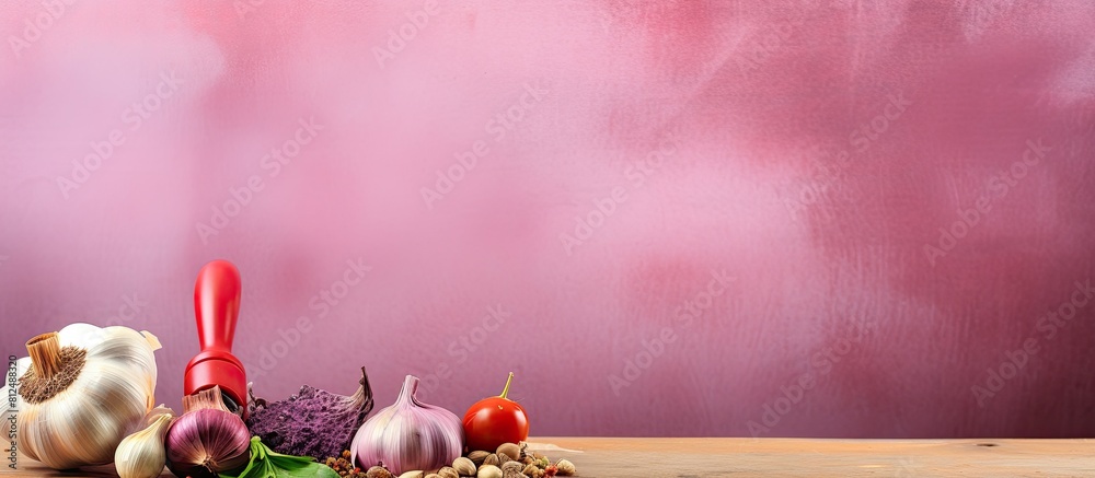 Poster colorful background with a garlic press and spices providing ample copy space for images
