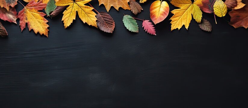 Autumn colored leaves scattered on a black chalkboard with ample space for adding text or graphics Ideal for flat lay photography or back to school themes