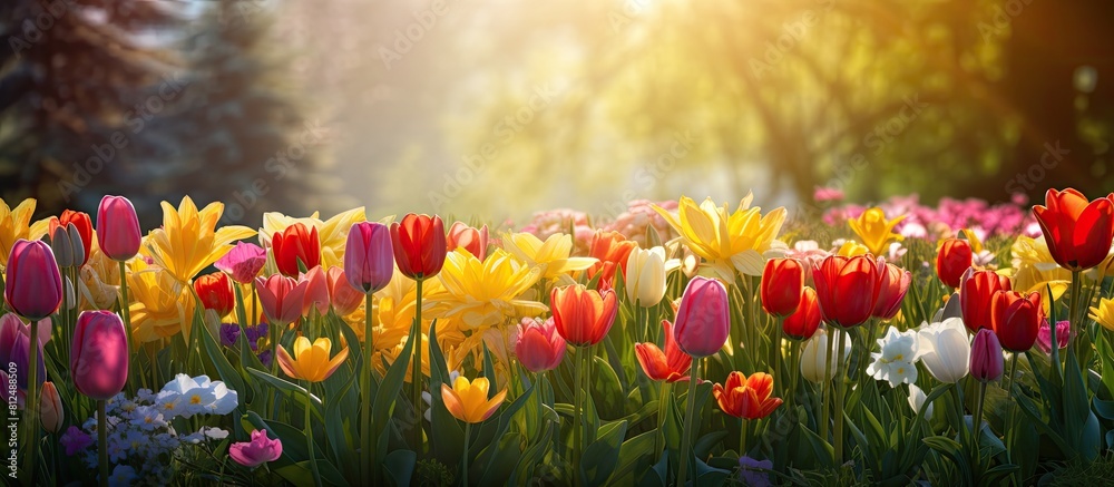 Poster a colorful spring scene with blooming tulips adorning a garden perfect for a copy space image