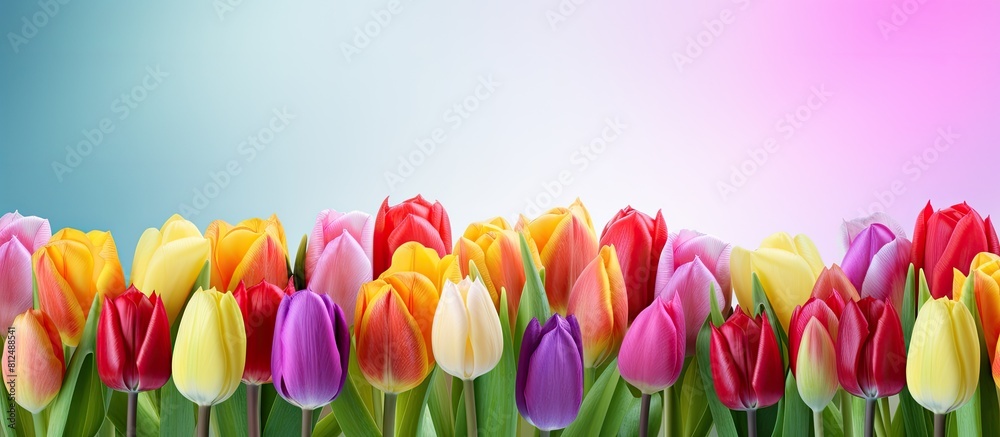 Poster Colorful tulips arranged in a stunning composition perfectly complementing the vibrant background creating an eye catching copy space image