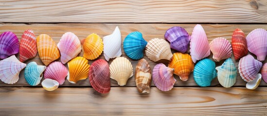 Colorful sea shells arranged on a wooden surface creating an appealing visual with copy space for images