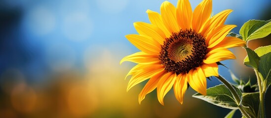 Obraz premium A sunflower vibrant with colors blossoms gracefully in a serene garden with ample copy space for beautiful images