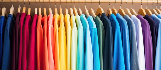 Colorful row of t shirts on hangers creating visual interest with ample copy space image
