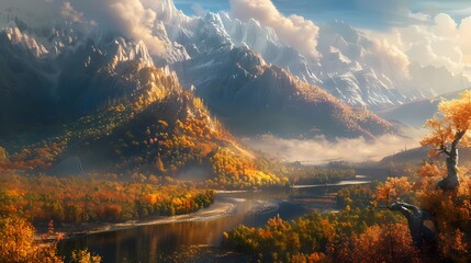 A majestic mountain range bathed in the golden light of autumn, with a winding river below...
