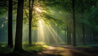 Obraz premium Lush green forest scene with sunbeams piercing through the mist, designed for wall art in health and wellness spaces