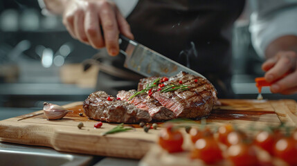 Restaurant chef cutting steak on board in kitchen