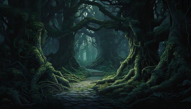 Haunted forest pathway lined with gnarled trees and faint apparitions, in a palette of black, midnight blue, and emerald green, for a chilling entrance hallway display