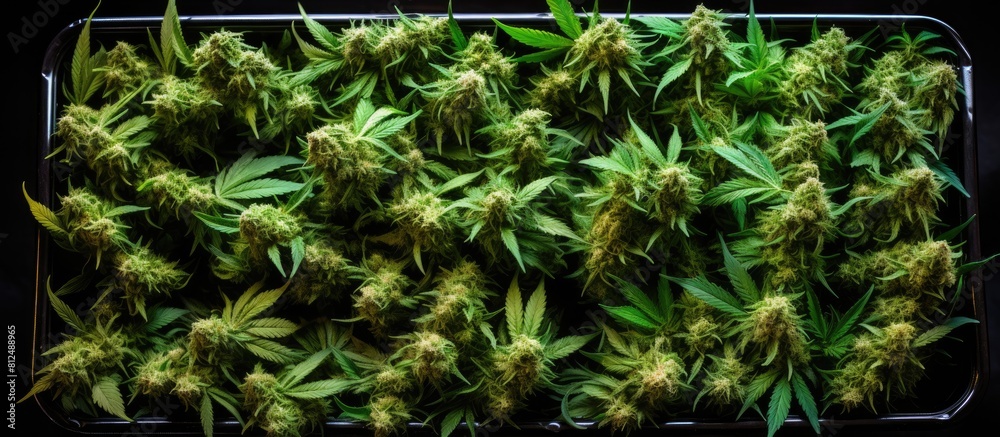 Poster a copious amount of fresh green cannabis buds neatly packaged together creating an enticing copy spa