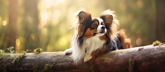 Happy Continental toy spaniel a Papillon dog photographed outdoors on a wooden bridge in a forest The image captures the dog s beautiful portrait against the natural scenery Copy space image