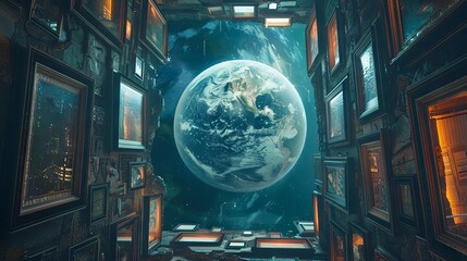 Fototapeta premium The planet as part of a surreal art installation, surrounded by floating frames