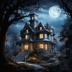 Spooky Victorian mansion at dusk with ghosts in the windows, surrounded by dead trees under a full moon, ideal for Halloween themed wall art in shades of gray and pale blue