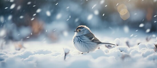 Snow covered forest with a hollow and small tit in winter creating a blurred background Copy space image