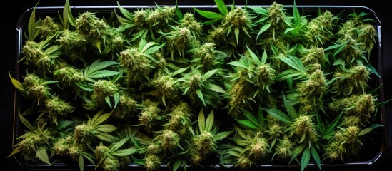 A copious amount of fresh green cannabis buds neatly packaged together creating an enticing copy space image